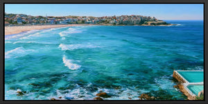 Bondi Beach ocean canvas art with rolling turquoise waves for modern coastal living room decor.