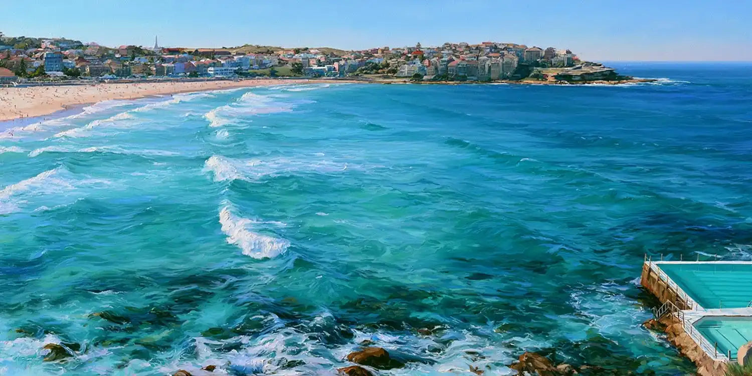 Bondi Beach ocean canvas art with rolling turquoise waves for modern coastal living room decor.