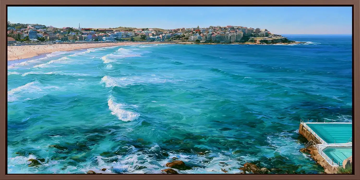 Bondi Beach ocean canvas art with rolling turquoise waves for modern coastal living room decor.