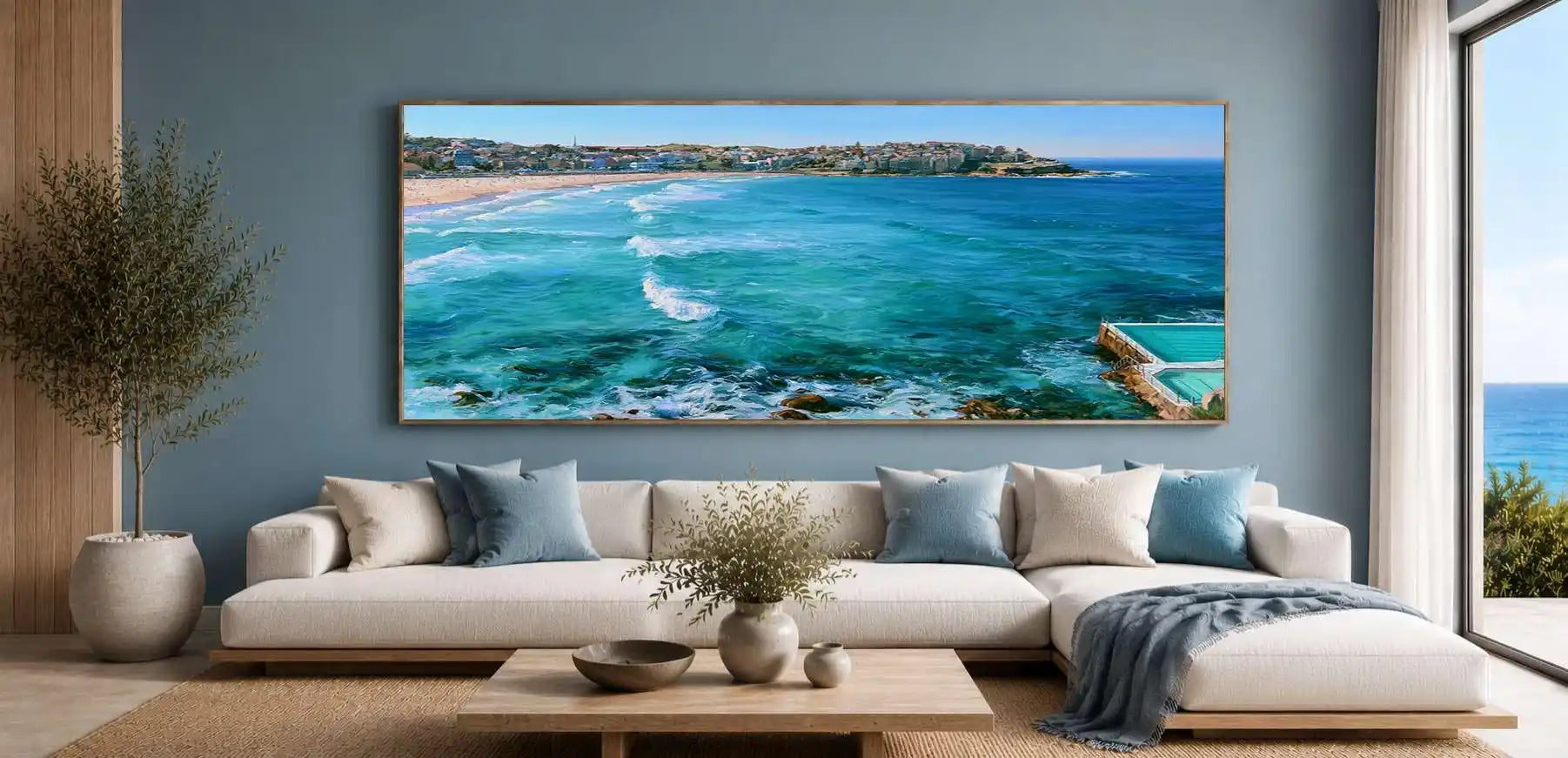Bondi Beach ocean canvas art with rolling turquoise waves for modern coastal living room decor.