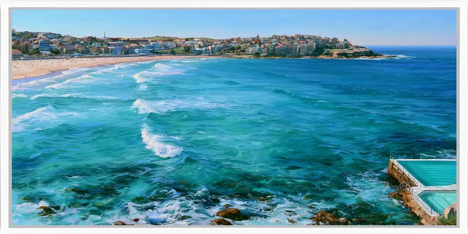 Bondi Beach ocean canvas art with rolling turquoise waves for modern coastal living room decor.