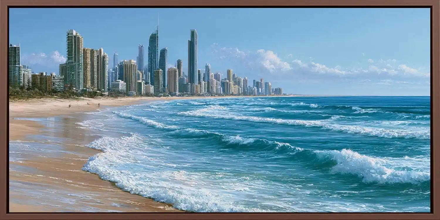 Gold Coast beach skyline canvas art with ocean waves for modern coastal office or living room decor.