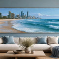 Gold Coast beach skyline canvas art with ocean waves for modern coastal office or living room decor.