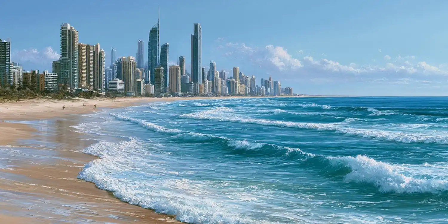 Gold Coast beach skyline canvas art with ocean waves for modern coastal office or living room decor.