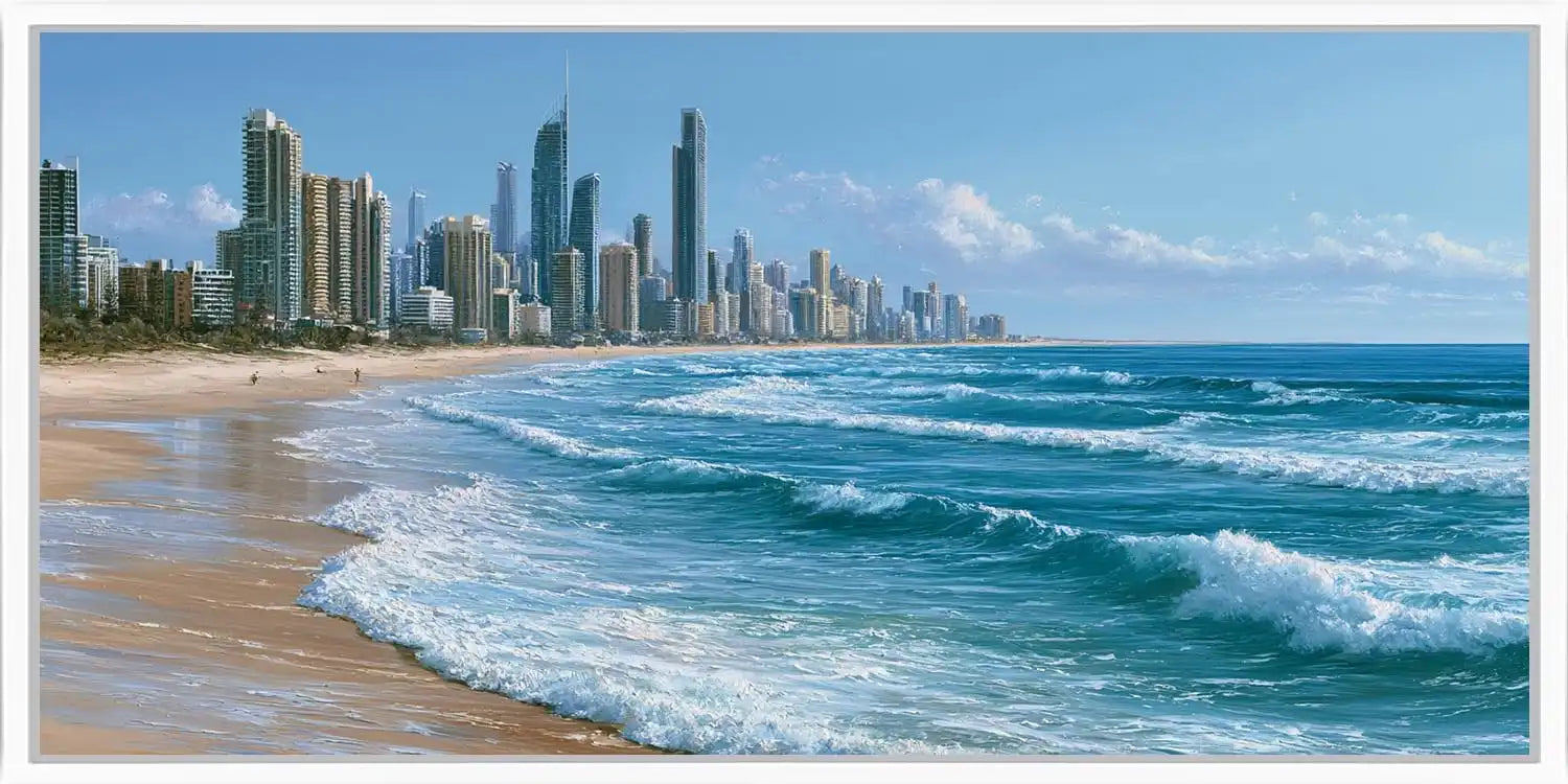 Gold Coast beach skyline canvas art with ocean waves for modern coastal office or living room decor.