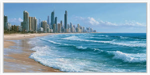 Gold Coast beach skyline canvas art with ocean waves for modern coastal office or living room decor.