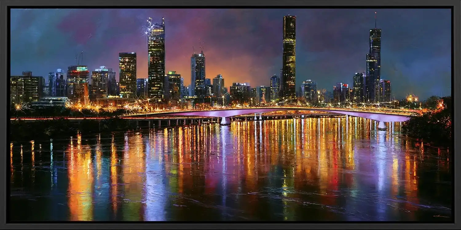 Brisbane skyline canvas art with glowing river reflections for luxury office or living room decor.
