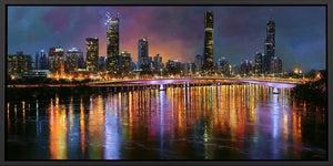 Brisbane skyline canvas art with glowing river reflections for luxury office or living room decor.