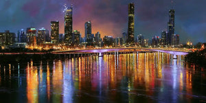 Brisbane skyline canvas art with glowing river reflections for luxury office or living room decor.