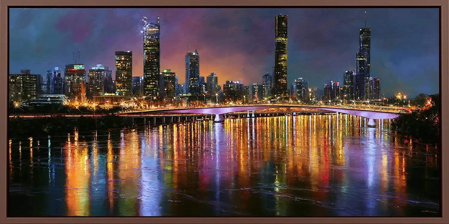 Brisbane skyline canvas art with glowing river reflections for luxury office or living room decor.