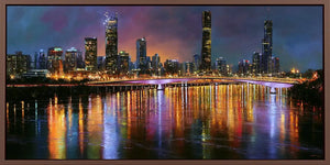Brisbane skyline canvas art with glowing river reflections for luxury office or living room decor.