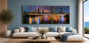 Brisbane skyline canvas art with glowing river reflections for luxury office or living room decor.
