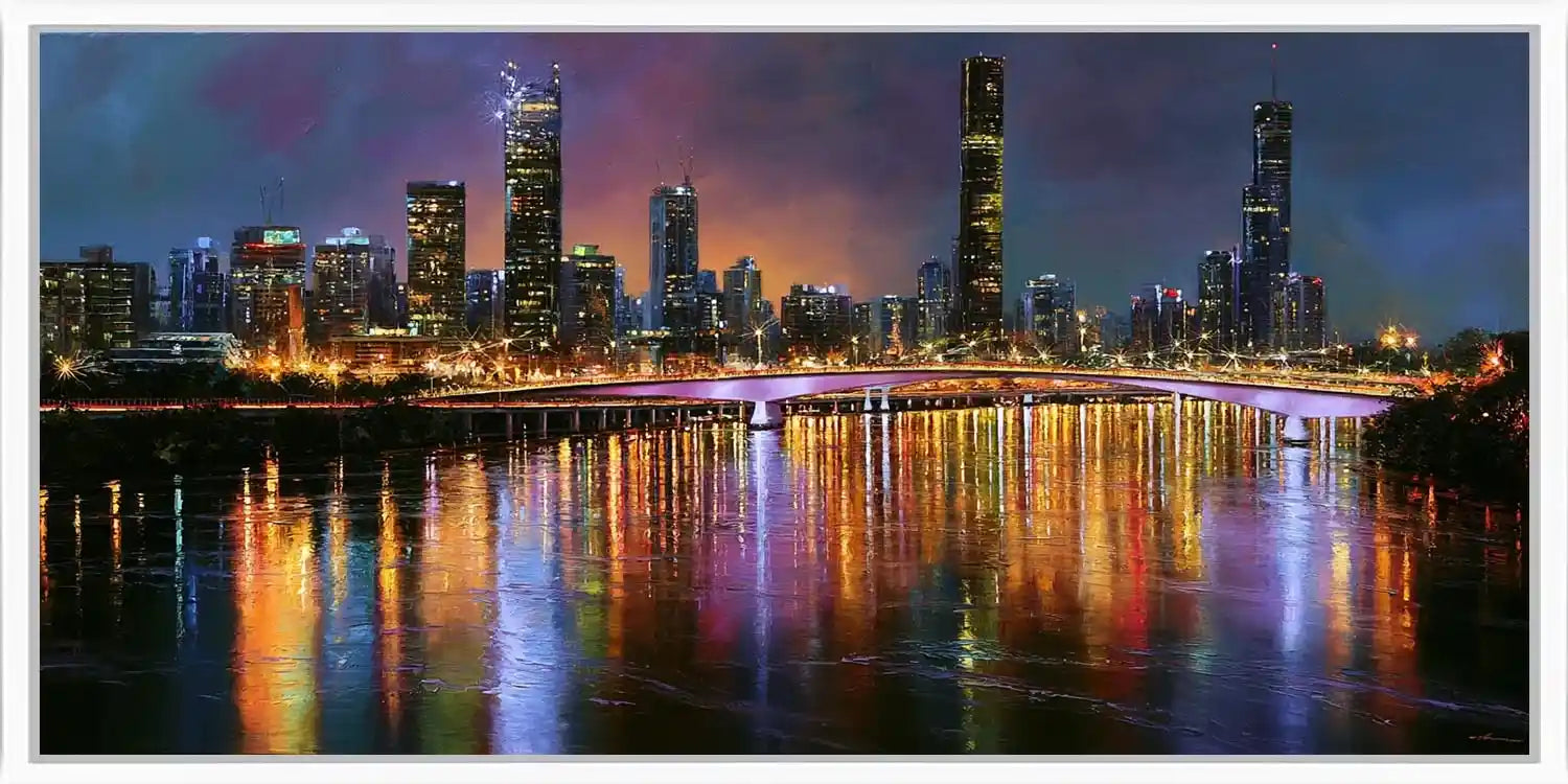 Brisbane skyline canvas art with glowing river reflections for luxury office or living room decor.