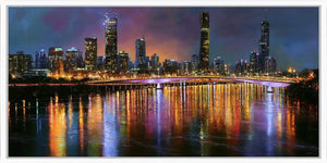 Brisbane skyline canvas art with glowing river reflections for luxury office or living room decor.
