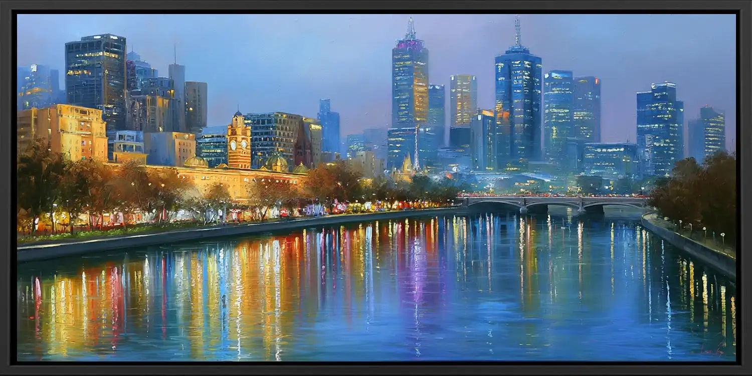 Melbourne blue hour canvas art with city skyline and river reflections for elegant office decor.
