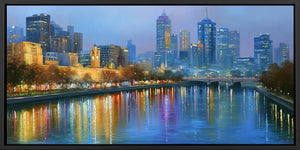 Melbourne blue hour canvas art with city skyline and river reflections for elegant office decor.