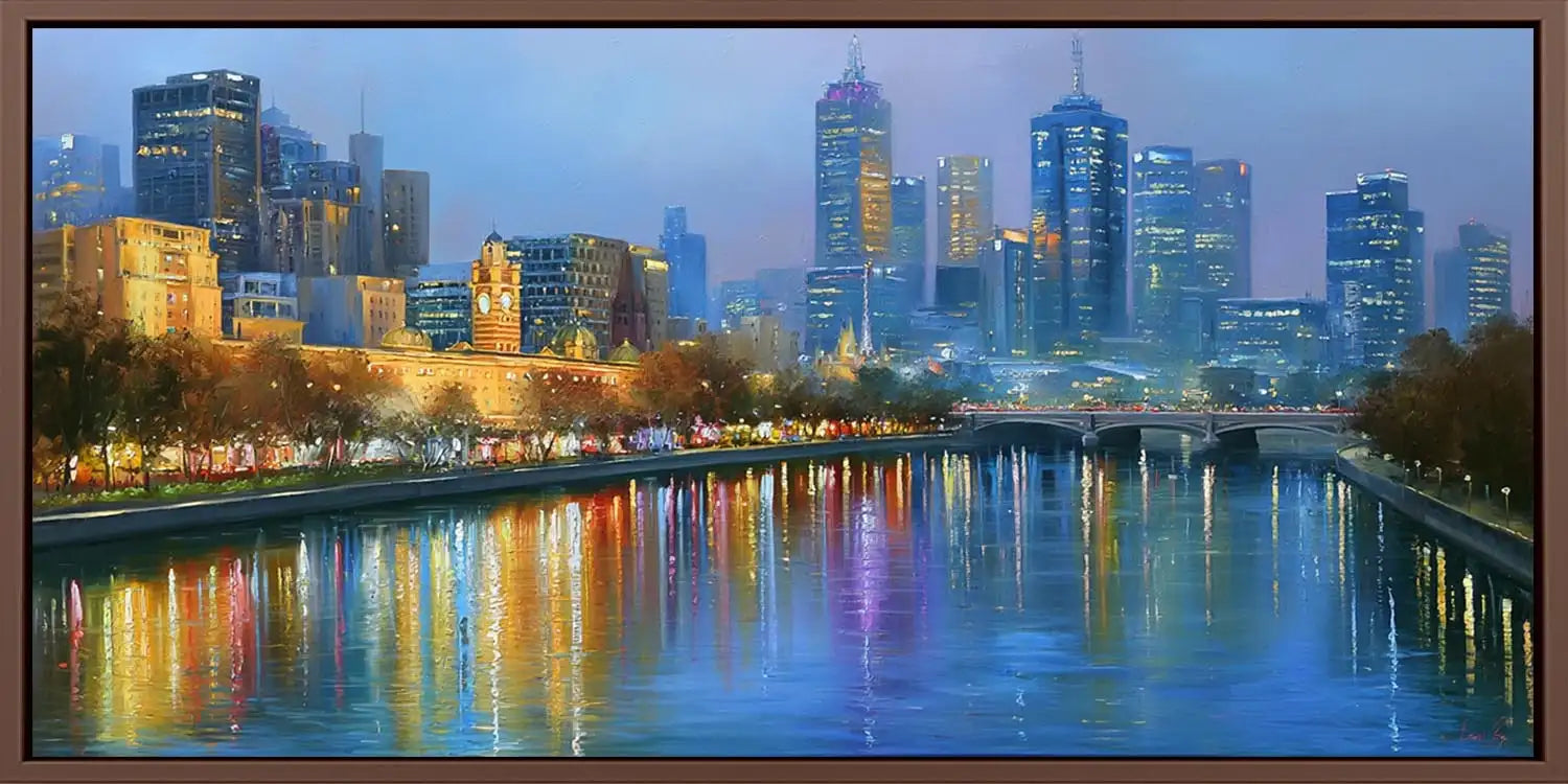 Melbourne blue hour canvas art with city skyline and river reflections for elegant office decor.