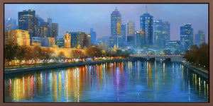 Melbourne blue hour canvas art with city skyline and river reflections for elegant office decor.