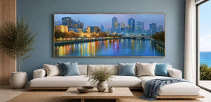 Melbourne blue hour canvas art with city skyline and river reflections for elegant office decor.