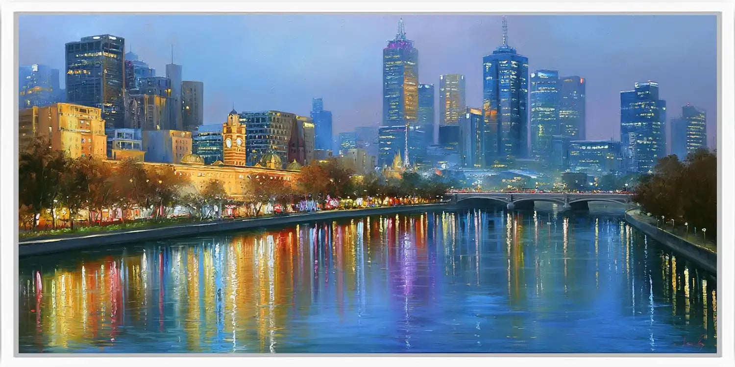 Melbourne blue hour canvas art with city skyline and river reflections for elegant office decor.