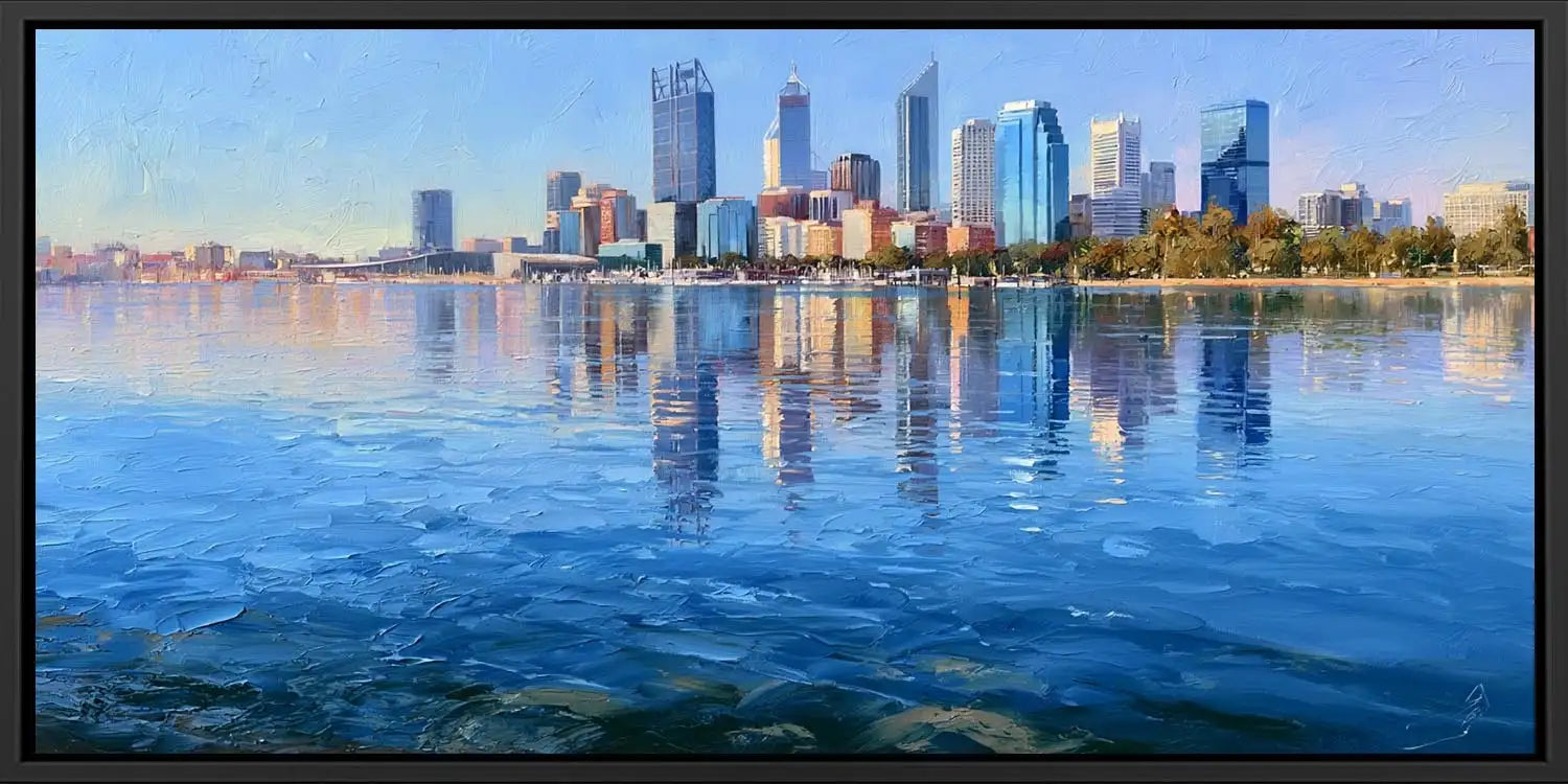 Perth skyline canvas art with calm waterfront reflections for modern living room and office decor.