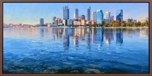 Perth skyline canvas art with calm waterfront reflections for modern living room and office decor.