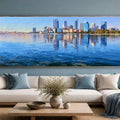 Perth skyline canvas art with calm waterfront reflections for modern living room and office decor.