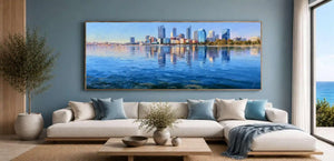 Perth skyline canvas art with calm waterfront reflections for modern living room and office decor.