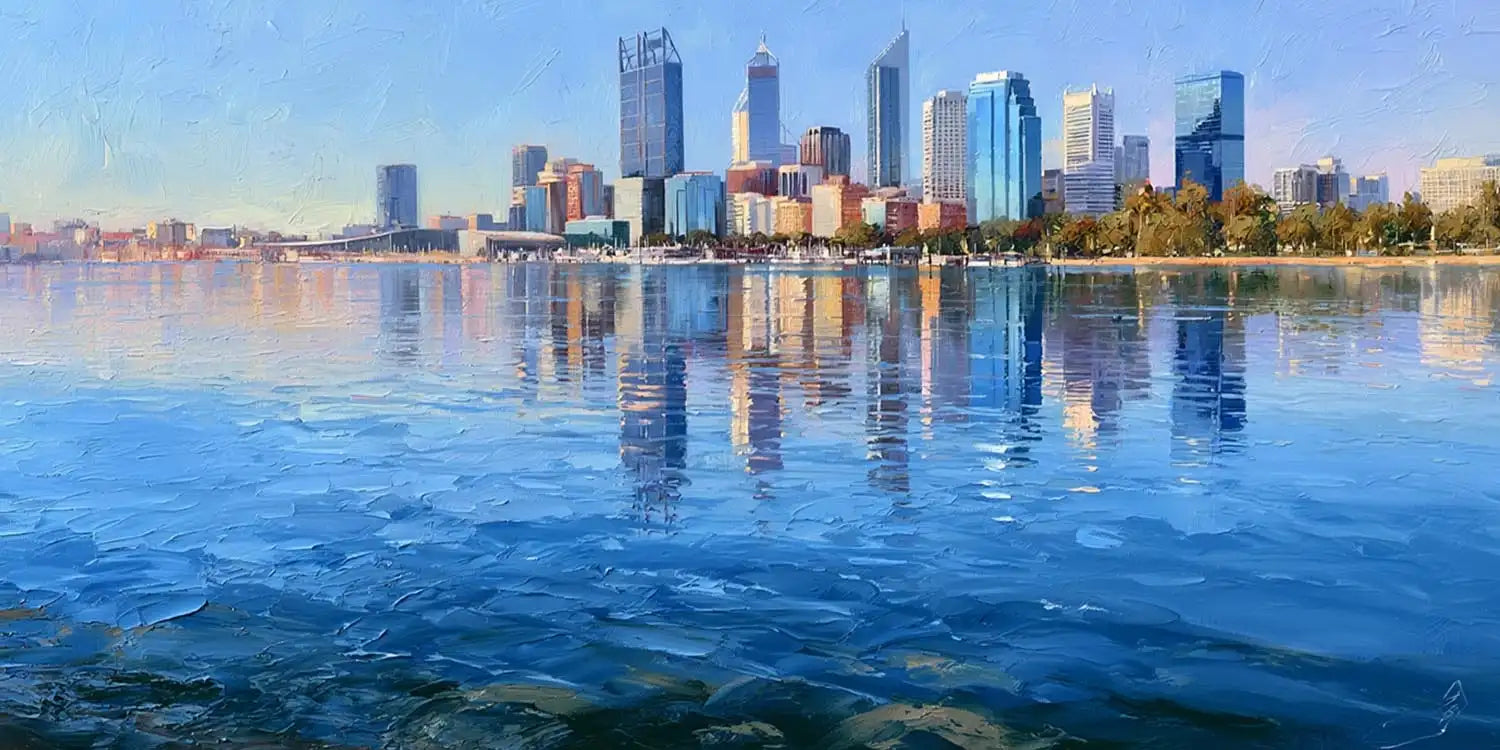 Perth skyline canvas art with calm waterfront reflections for modern living room and office decor.