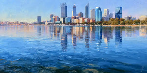 Perth skyline canvas art with calm waterfront reflections for modern living room and office decor.
