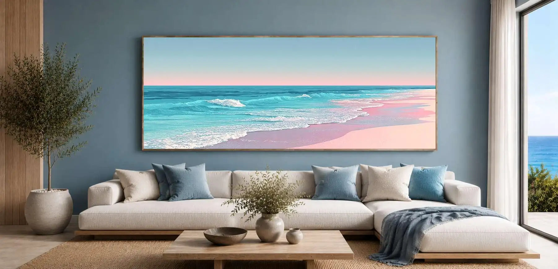 Soft pastel beach canvas art with turquoise waves for calming bedroom decor.