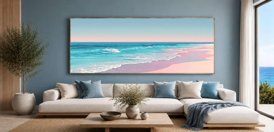 Soft pastel beach canvas art with turquoise waves for calming bedroom decor.