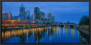 Yarra River night canvas art with Melbourne skyline and glowing reflections for luxury office decor.