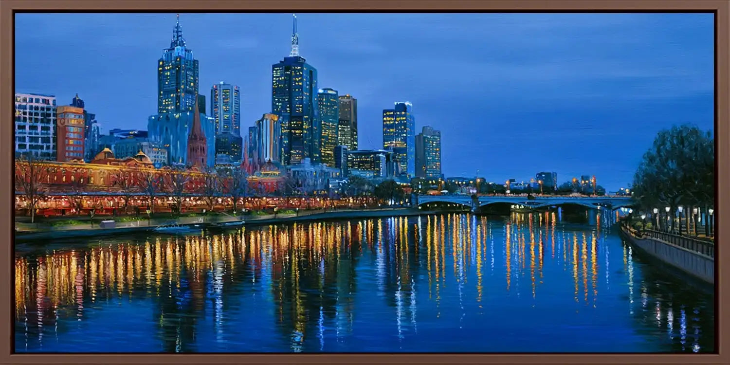 Yarra River night canvas art with Melbourne skyline and glowing reflections for luxury office decor.