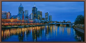Yarra River night canvas art with Melbourne skyline and glowing reflections for luxury office decor.