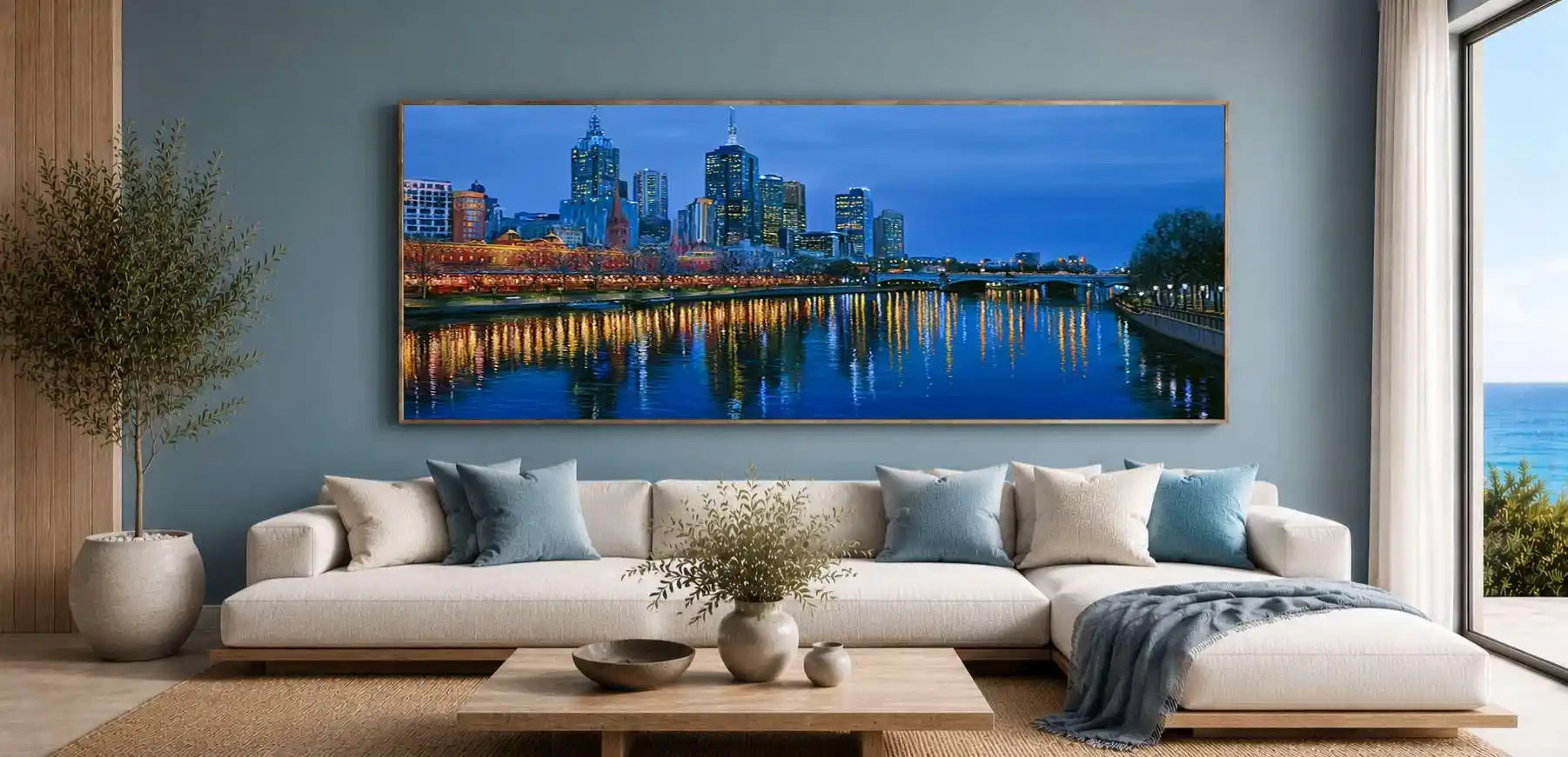 Yarra River night canvas art with Melbourne skyline and glowing reflections for luxury office decor.