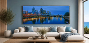 Yarra River night canvas art with Melbourne skyline and glowing reflections for luxury office decor.