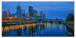 Yarra River night canvas art with Melbourne skyline and glowing reflections for luxury office decor.
