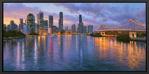 Brisbane twilight bridge canvas art with river reflections for modern luxury living room decor.