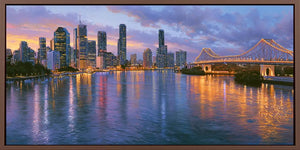 Brisbane twilight bridge canvas art with river reflections for modern luxury living room decor.