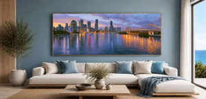 Brisbane twilight bridge canvas art with river reflections for modern luxury living room decor.