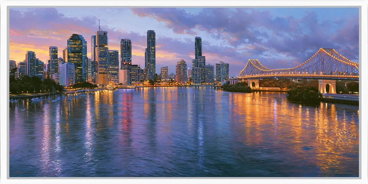 Brisbane twilight bridge canvas art with river reflections for modern luxury living room decor.