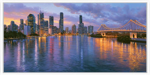 Brisbane twilight bridge canvas art with river reflections for modern luxury living room decor.