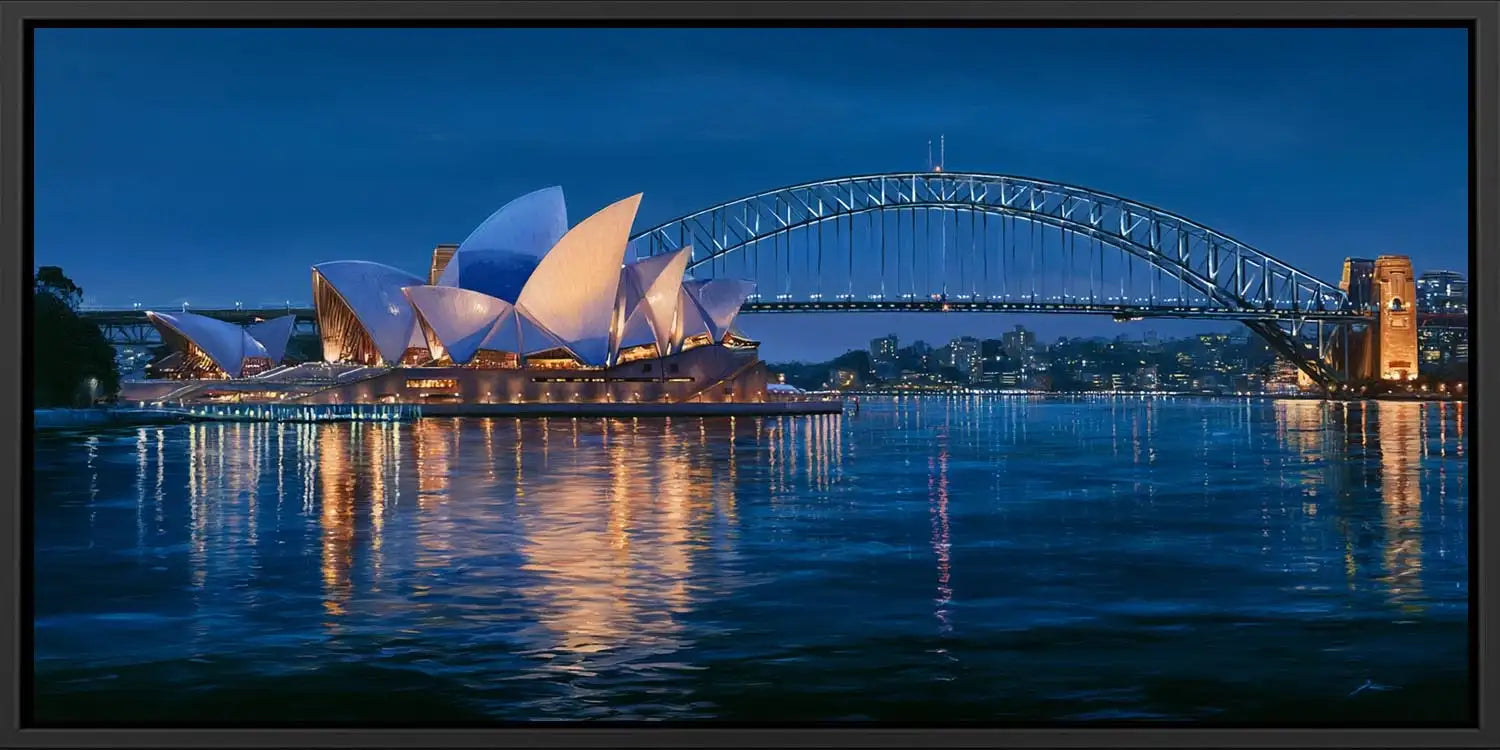 Sydney Harbour night canvas art with Opera House and bridge for luxury living room decor.