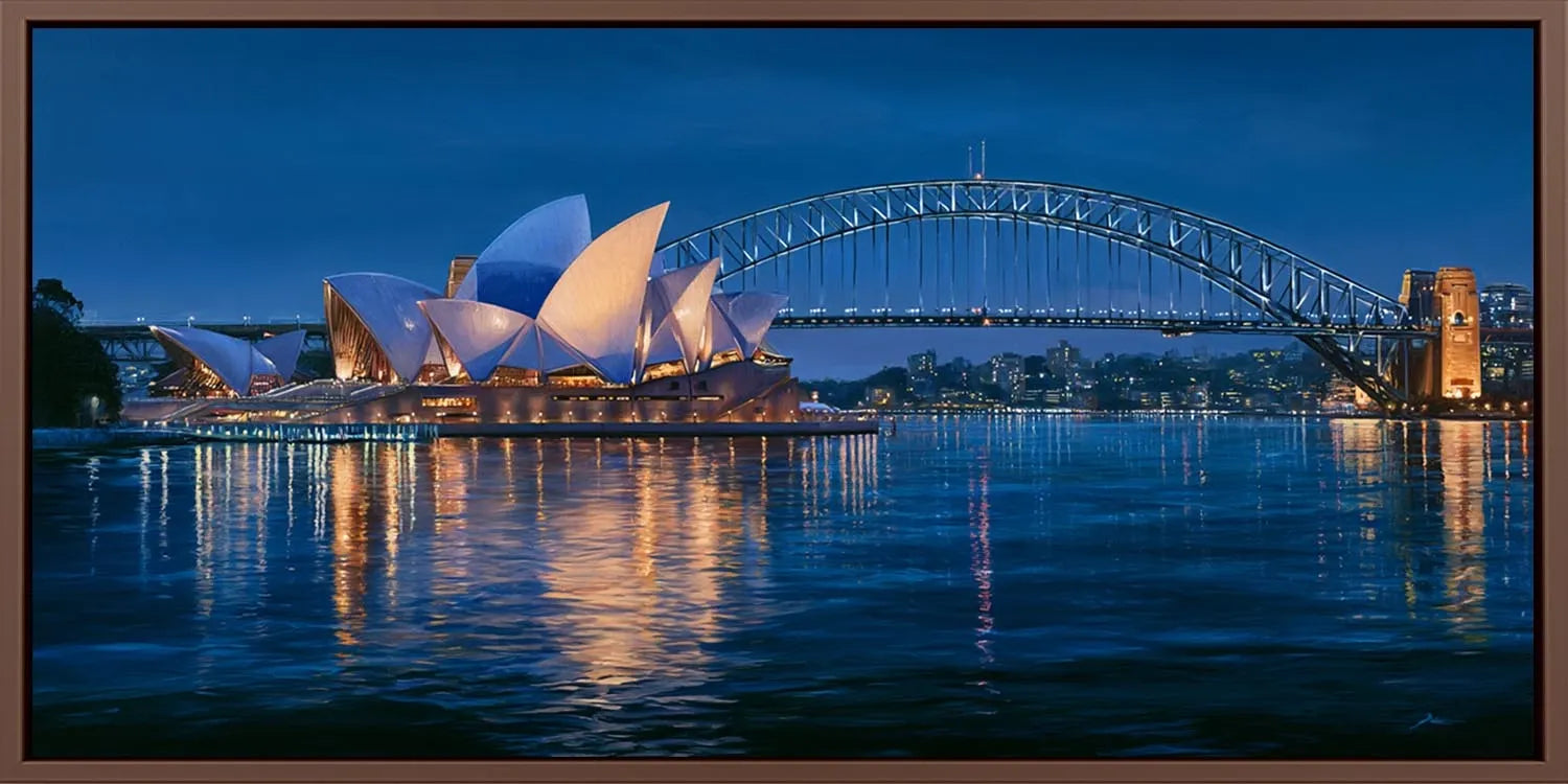 Sydney Harbour night canvas art with Opera House and bridge for luxury living room decor.