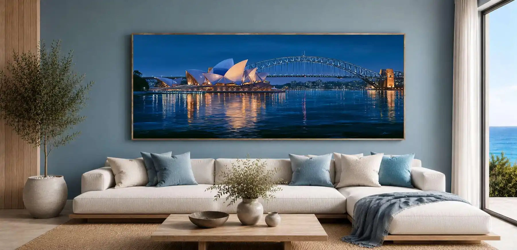 Sydney Harbour night canvas art with Opera House and bridge for luxury living room decor.