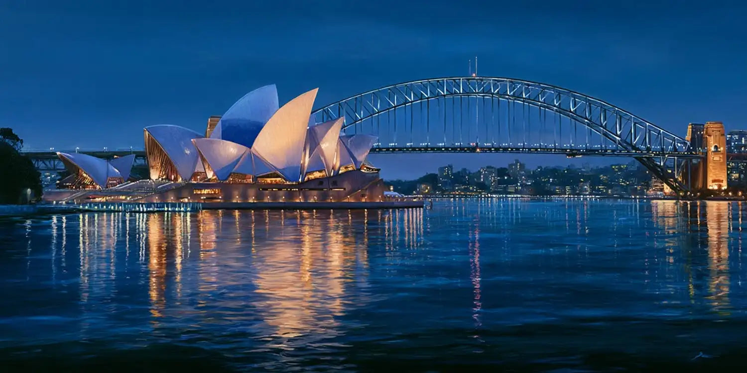 Sydney Harbour night canvas art with Opera House and bridge for luxury living room decor.