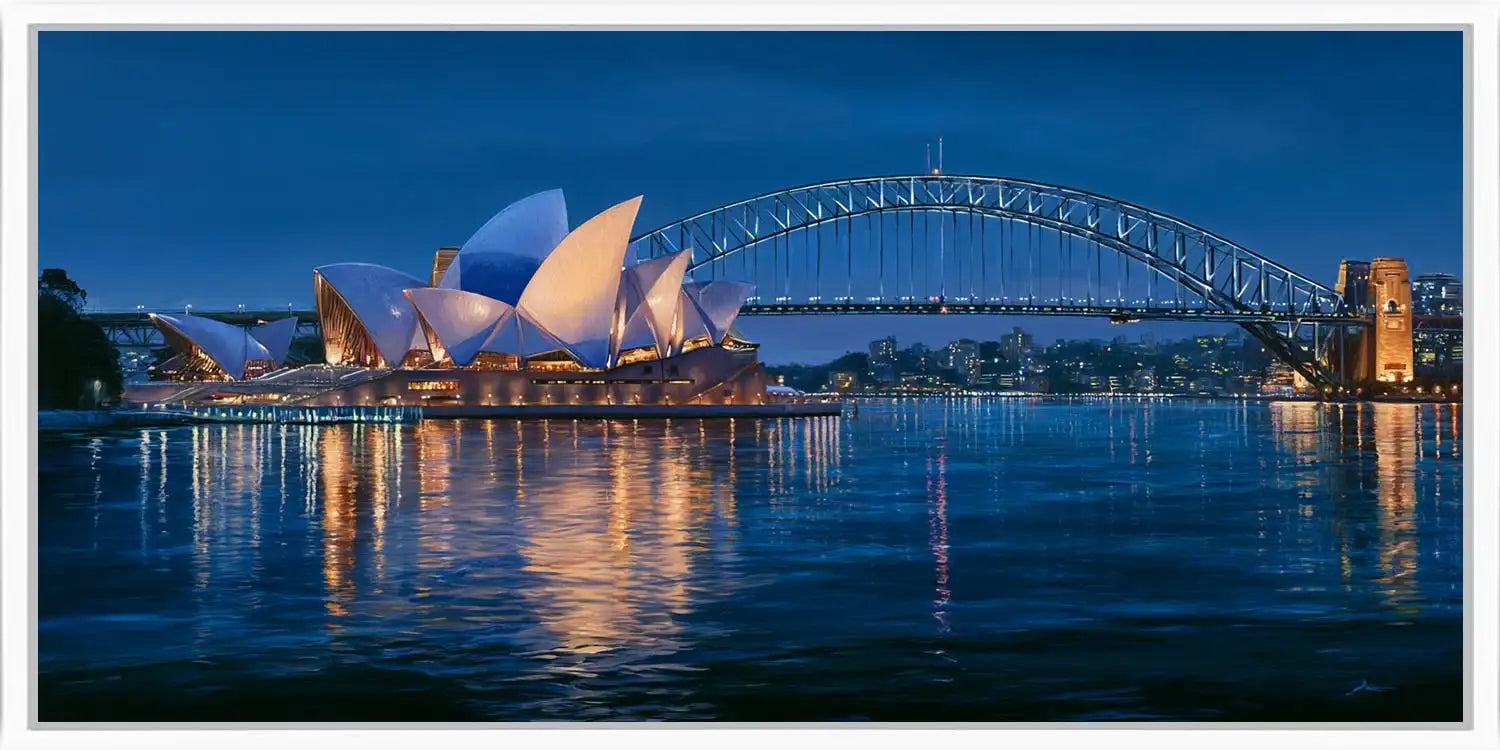 Sydney Harbour night canvas art with Opera House and bridge for luxury living room decor.