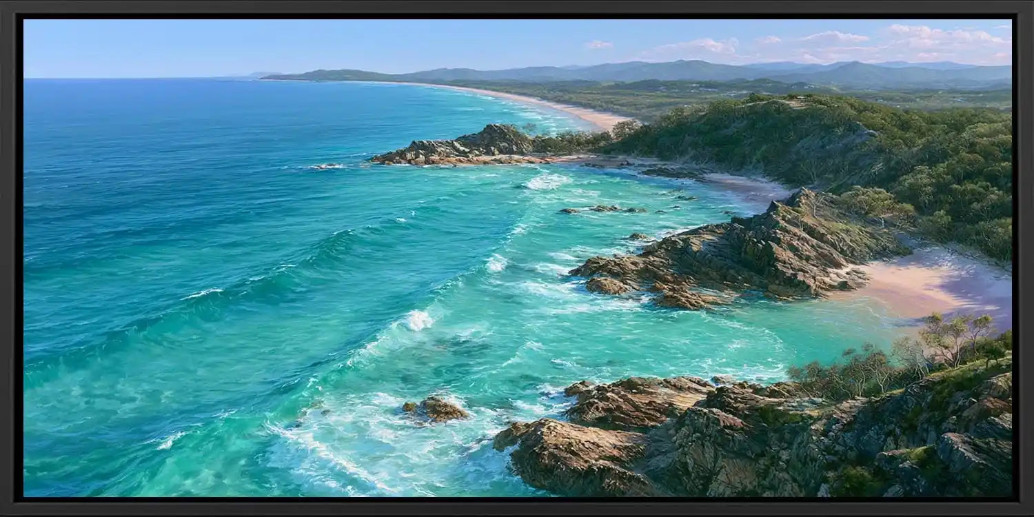 Panoramic coastal canvas art with turquoise ocean, rocky headlands, and beach scenery for modern living room decor.