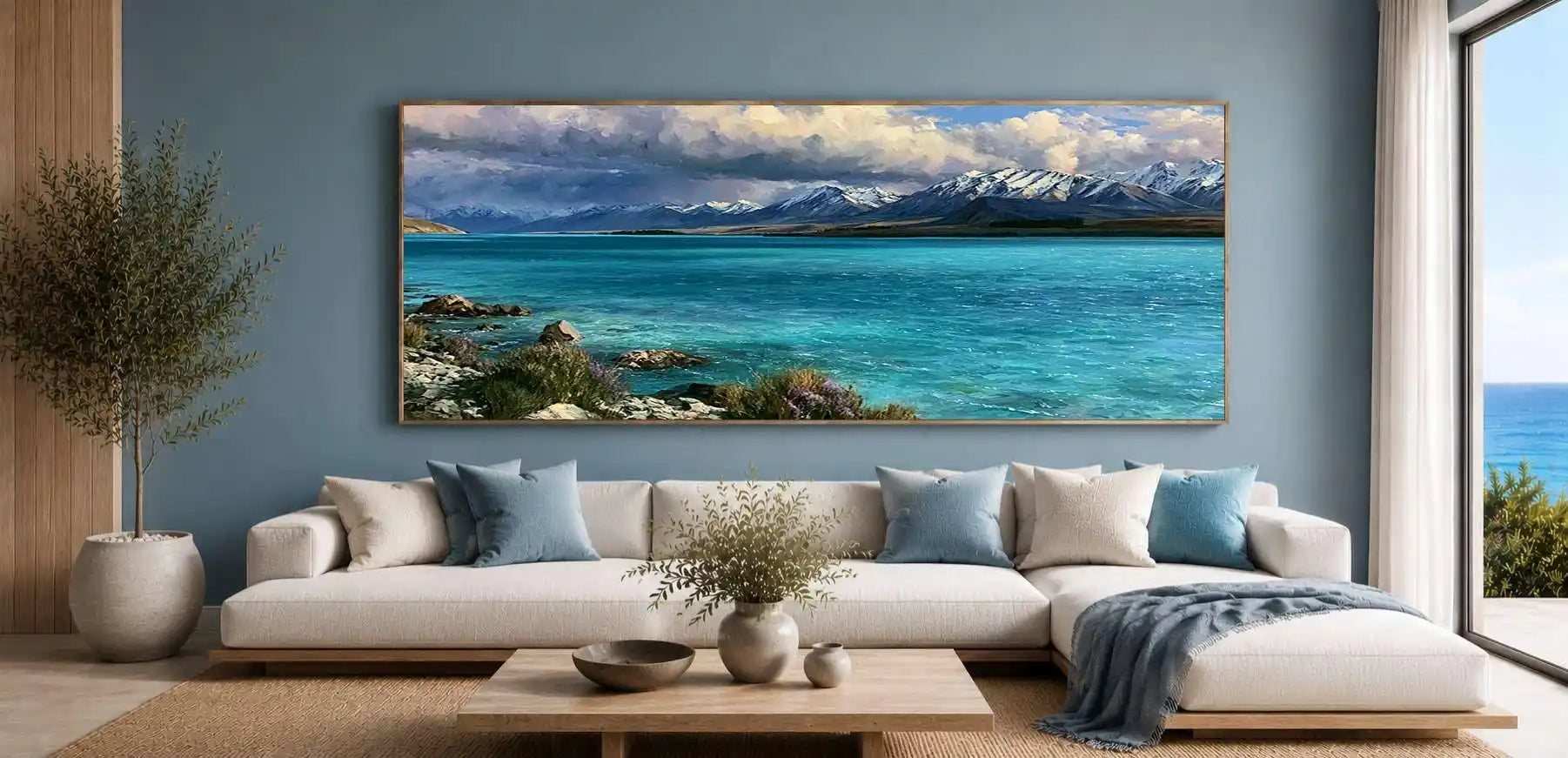 Teal alpine lake canvas print with snow mountains and dramatic clouds for refined living room or bedroom decor.